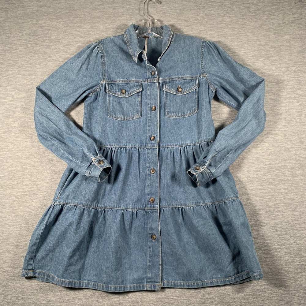 Free People Shirt Dress Womens XS Blue‎ Denim Long Sleeve Button Front Casual